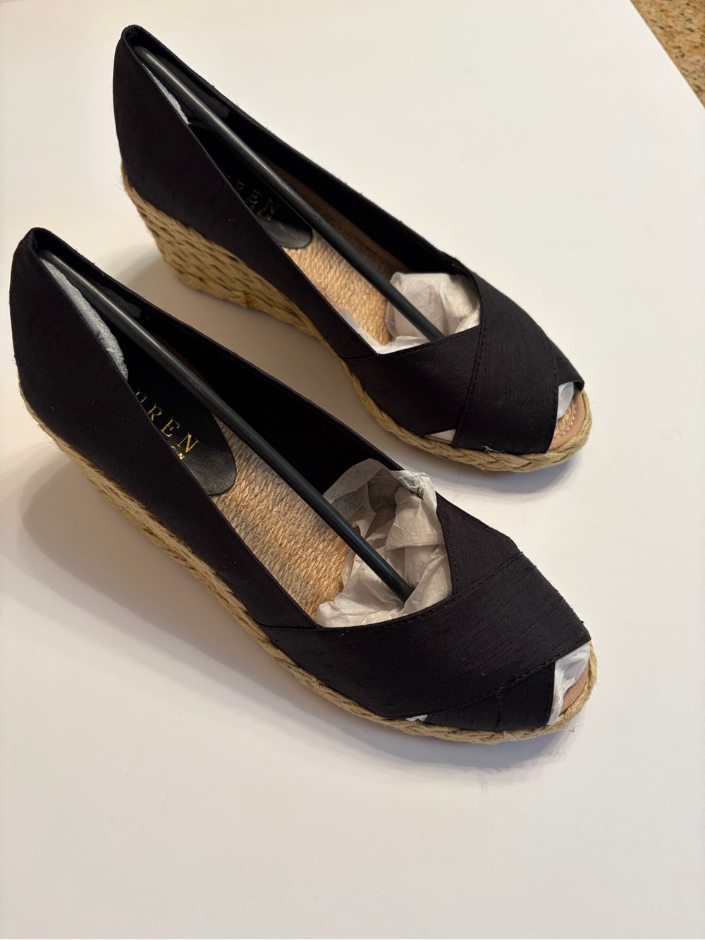 Lauren Ralph Lauren Black Peep-Toe Espadrille Wedge with Jute Platform